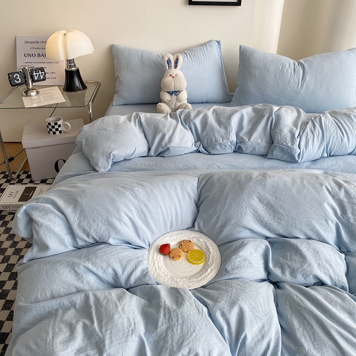 91家纺网 家纺一手货源 找家纺 南通菲度家纺 2025新款超柔皱皱水洗棉纯色四件套 海盐蓝