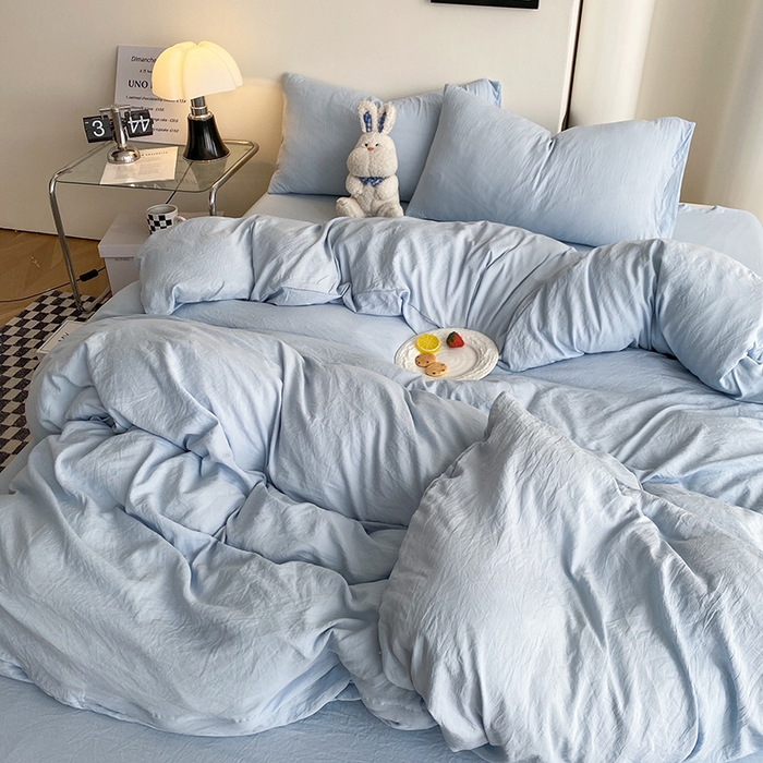 91家纺网 家纺一手货源 找家纺 南通菲度家纺 2025新款超柔皱皱水洗棉纯色四件套 海盐蓝