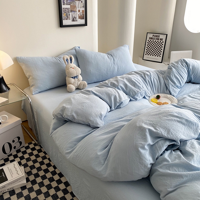 91家纺网 家纺一手货源 找家纺 南通菲度家纺 2025新款超柔皱皱水洗棉纯色四件套 海盐蓝