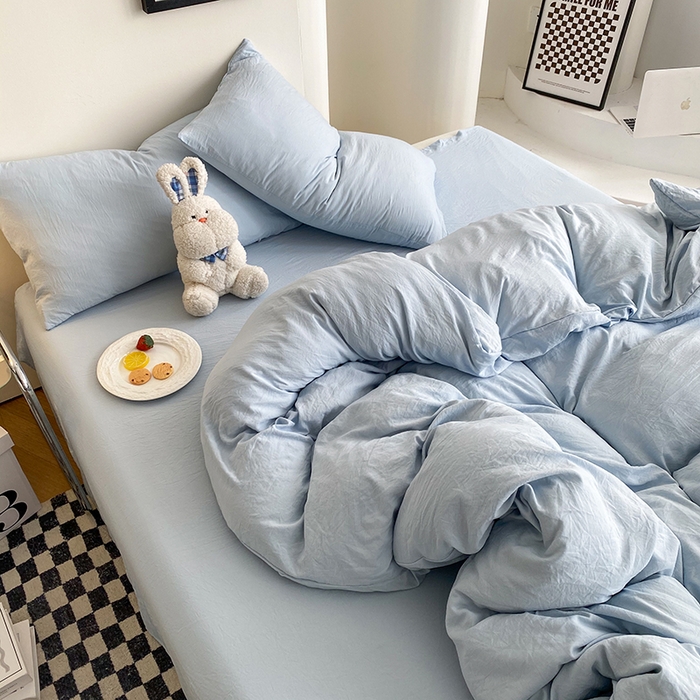 91家纺网 家纺一手货源 找家纺 南通菲度家纺 2025新款超柔皱皱水洗棉纯色四件套 海盐蓝