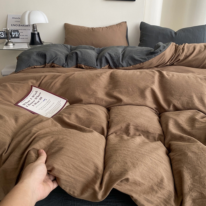 91家纺网 家纺一手货源 找家纺 南通菲度家纺 2025新款超柔皱皱水洗棉纯色四件套 咖啡深灰
