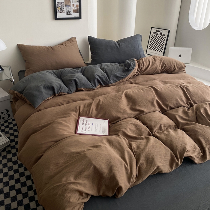 91家纺网 家纺一手货源 找家纺 南通菲度家纺 2025新款超柔皱皱水洗棉纯色四件套 咖啡深灰