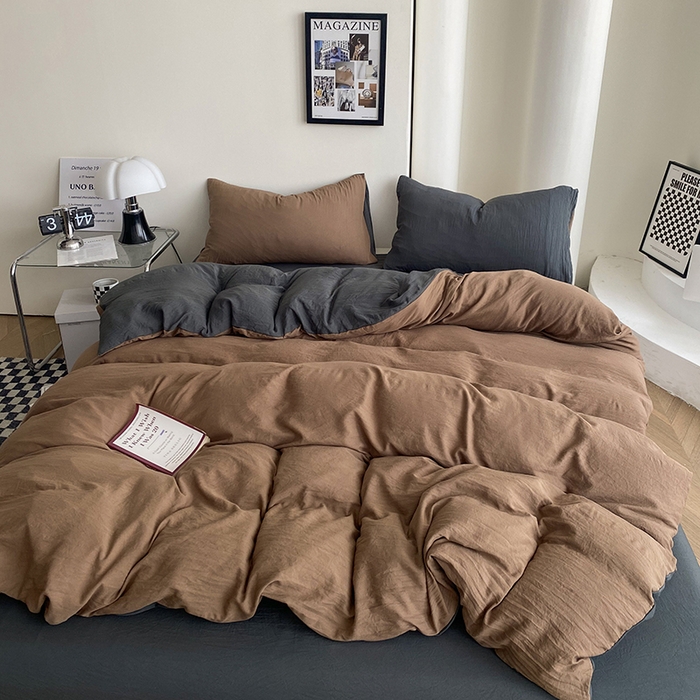 91家纺网 家纺一手货源 找家纺 南通菲度家纺 2025新款超柔皱皱水洗棉纯色四件套 咖啡深灰