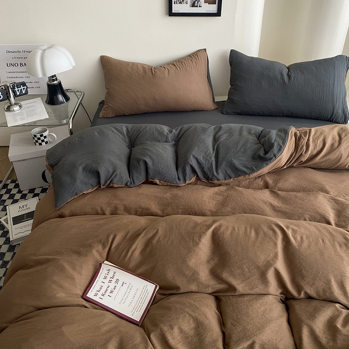 91家纺网 家纺一手货源 找家纺 南通菲度家纺 2025新款超柔皱皱水洗棉纯色四件套 咖啡深灰