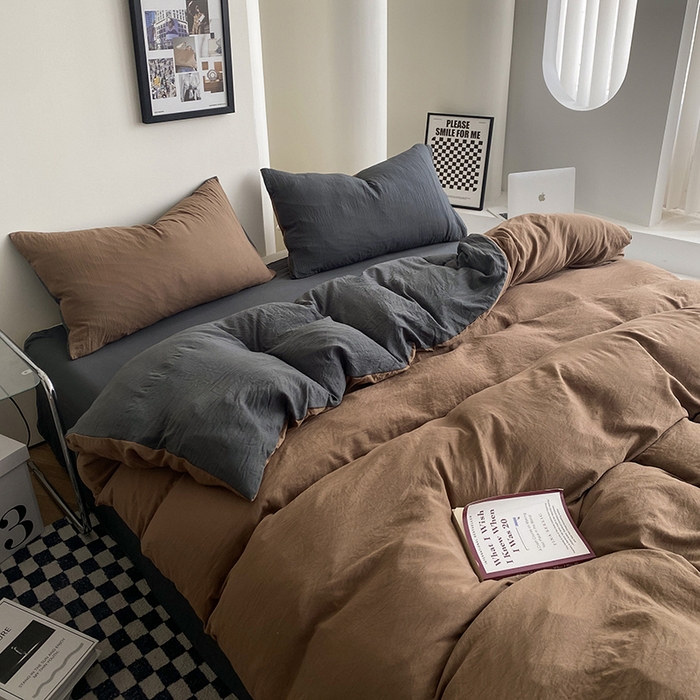 91家纺网 家纺一手货源 找家纺 南通菲度家纺 2025新款超柔皱皱水洗棉纯色四件套 咖啡深灰
