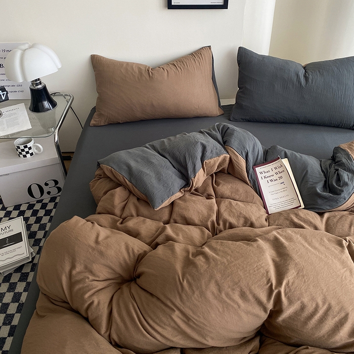 91家纺网 家纺一手货源 找家纺 南通菲度家纺 2025新款超柔皱皱水洗棉纯色四件套 咖啡深灰