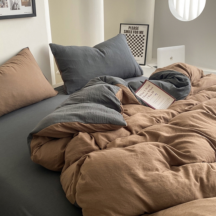 91家纺网 家纺一手货源 找家纺 南通菲度家纺 2025新款超柔皱皱水洗棉纯色四件套 咖啡深灰