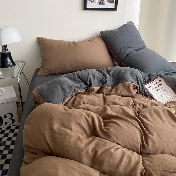 91家纺网 家纺一手货源 找家纺 南通菲度家纺 2025新款超柔皱皱水洗棉纯色四件套 咖啡深灰