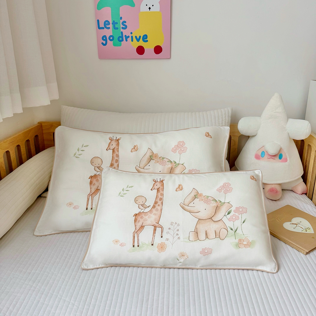 萌宝家纺 2025新款A类大版全棉儿童双层纱枕套纯棉宝宝纱布枕头 动物园