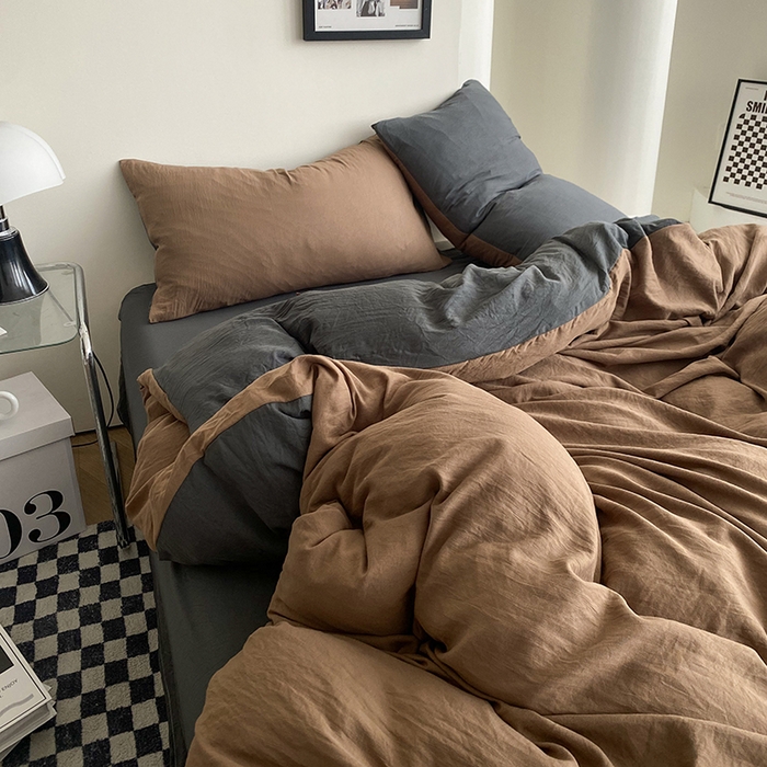 91家纺网 家纺一手货源 找家纺 南通菲度家纺 2025新款超柔皱皱水洗棉纯色四件套 咖啡深灰
