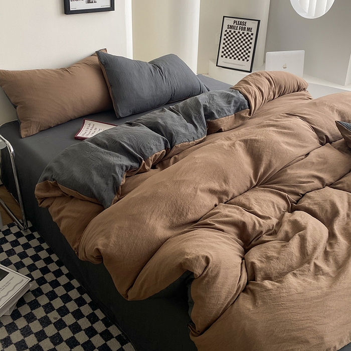 91家纺网 家纺一手货源 找家纺 南通菲度家纺 2025新款超柔皱皱水洗棉纯色四件套 咖啡深灰