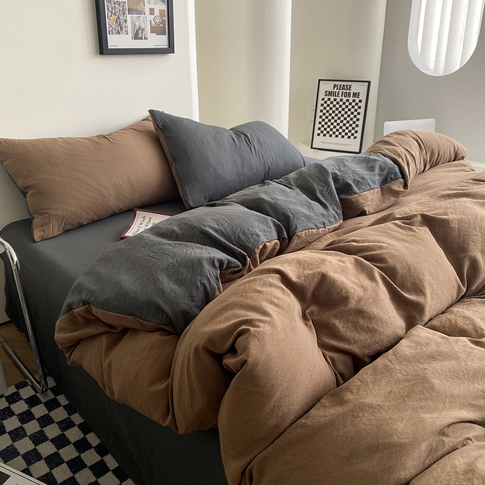 91家纺网 家纺一手货源 找家纺 南通菲度家纺 2025新款超柔皱皱水洗棉纯色四件套 咖啡深灰