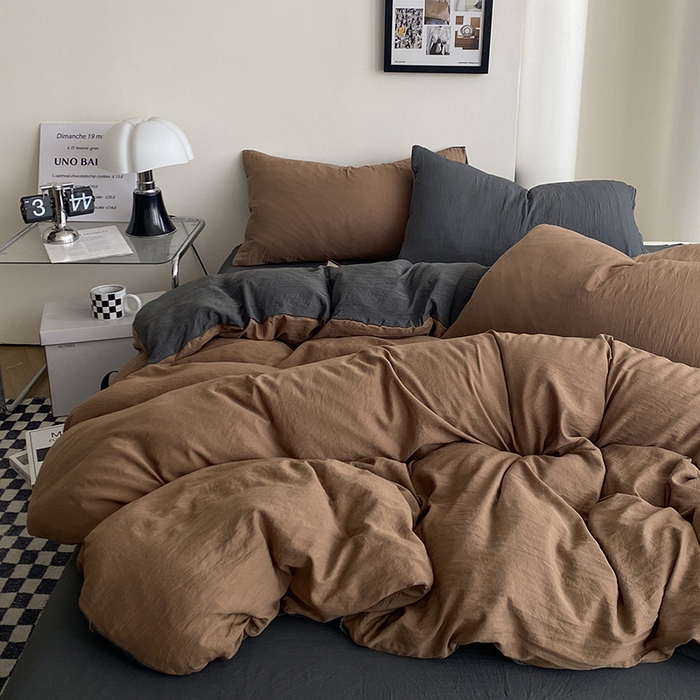 91家纺网 家纺一手货源 找家纺 南通菲度家纺 2025新款超柔皱皱水洗棉纯色四件套 咖啡深灰