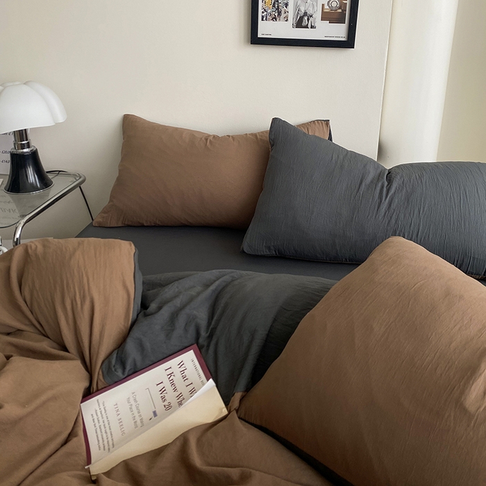 91家纺网 家纺一手货源 找家纺 南通菲度家纺 2025新款超柔皱皱水洗棉纯色四件套 咖啡深灰