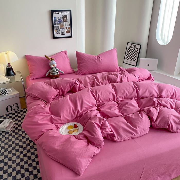 91家纺网 家纺一手货源 找家纺 南通菲度家纺 2025新款超柔皱皱水洗棉纯色四件套 玫红