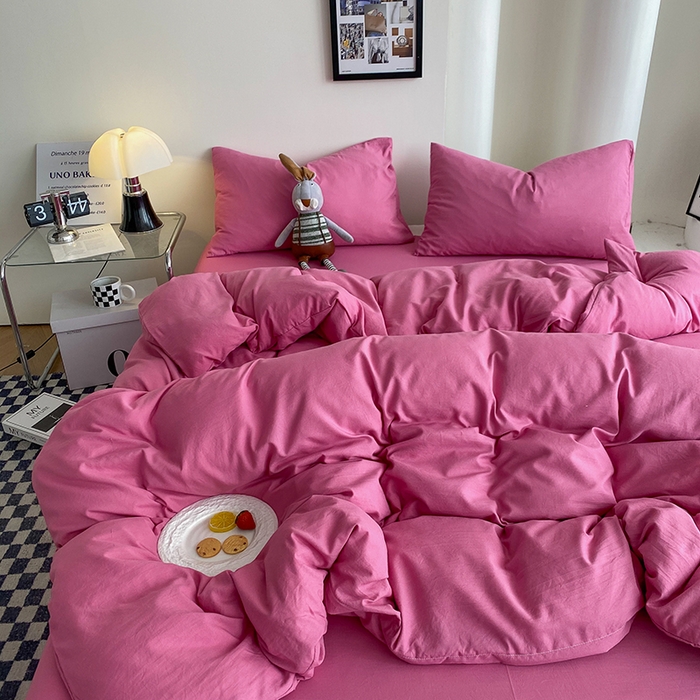 91家纺网 家纺一手货源 找家纺 南通菲度家纺 2025新款超柔皱皱水洗棉纯色四件套 玫红