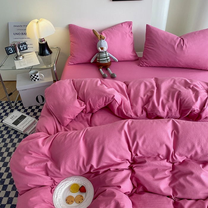 91家纺网 家纺一手货源 找家纺 南通菲度家纺 2025新款超柔皱皱水洗棉纯色四件套 玫红