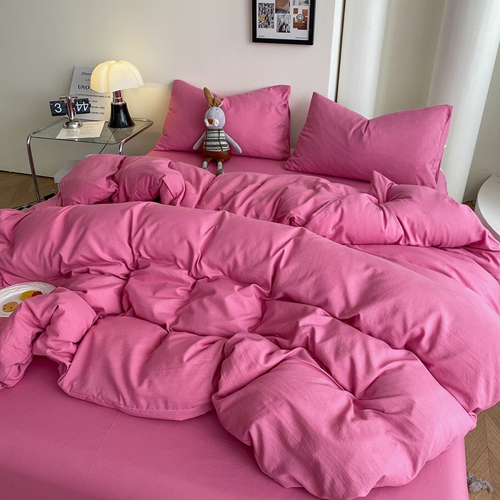 91家纺网 家纺一手货源 找家纺 南通菲度家纺 2025新款超柔皱皱水洗棉纯色四件套 玫红