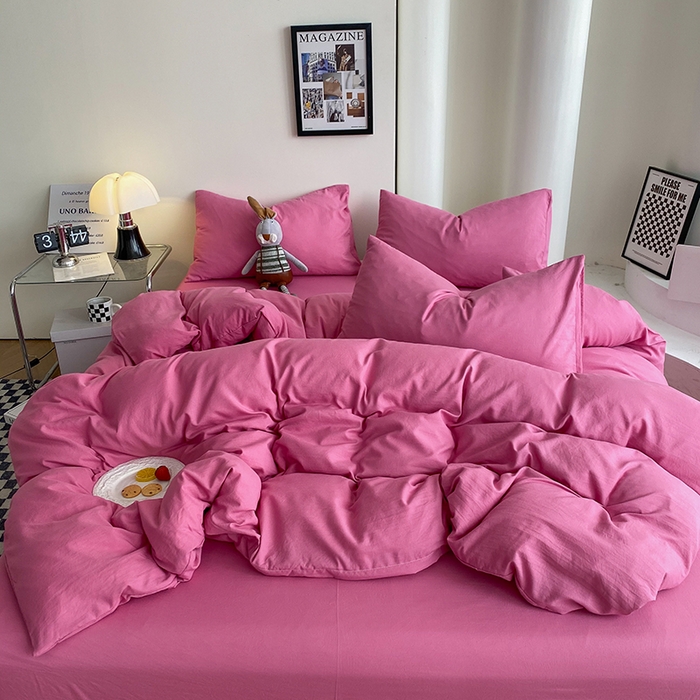 91家纺网 家纺一手货源 找家纺 南通菲度家纺 2025新款超柔皱皱水洗棉纯色四件套 玫红