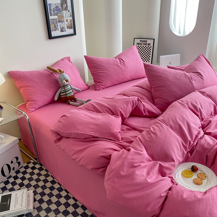 91家纺网 家纺一手货源 找家纺 南通菲度家纺 2025新款超柔皱皱水洗棉纯色四件套 玫红