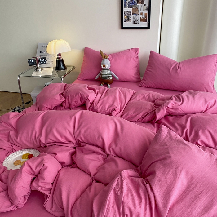 91家纺网 家纺一手货源 找家纺 南通菲度家纺 2025新款超柔皱皱水洗棉纯色四件套 玫红