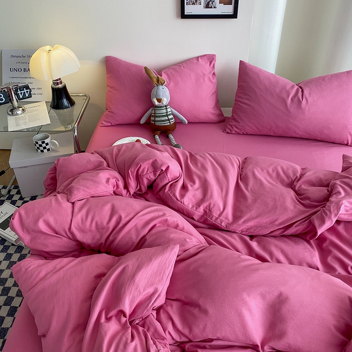 91家纺网 家纺一手货源 找家纺 南通菲度家纺 2025新款超柔皱皱水洗棉纯色四件套 玫红