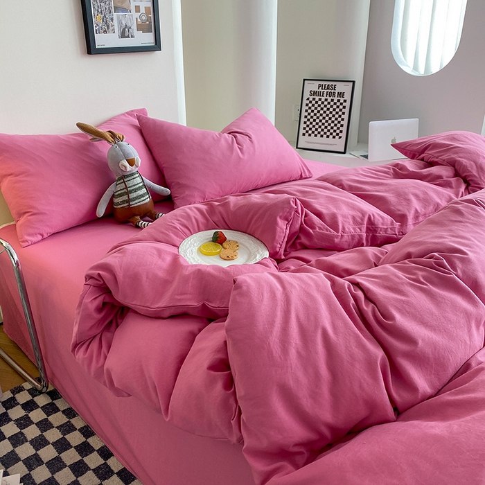 91家纺网 家纺一手货源 找家纺 南通菲度家纺 2025新款超柔皱皱水洗棉纯色四件套 玫红