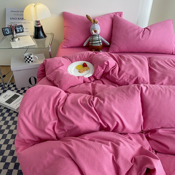 91家纺网 家纺一手货源 找家纺 南通菲度家纺 2025新款超柔皱皱水洗棉纯色四件套 玫红