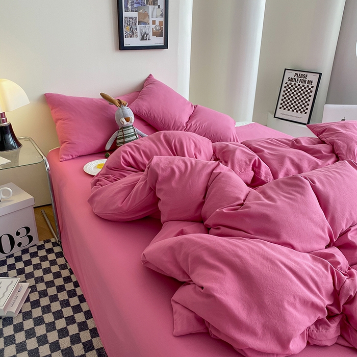 91家纺网 家纺一手货源 找家纺 南通菲度家纺 2025新款超柔皱皱水洗棉纯色四件套 玫红