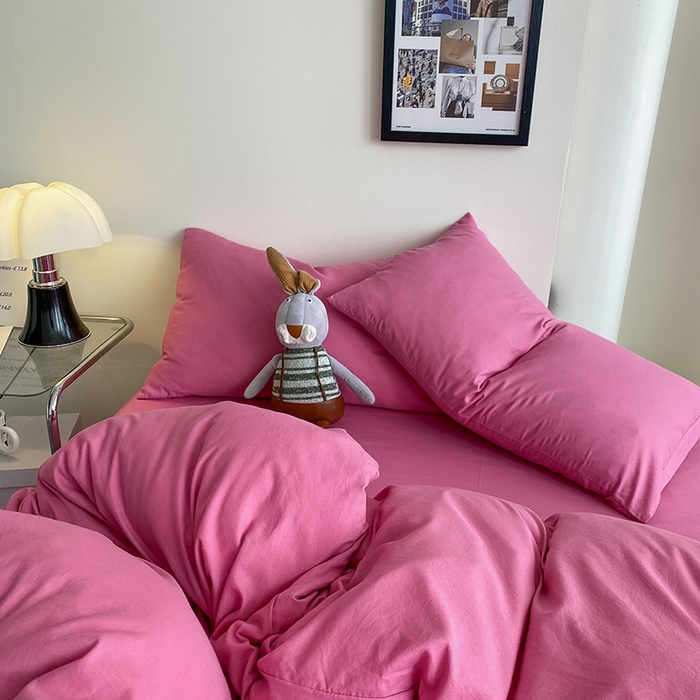 91家纺网 家纺一手货源 找家纺 南通菲度家纺 2025新款超柔皱皱水洗棉纯色四件套 玫红