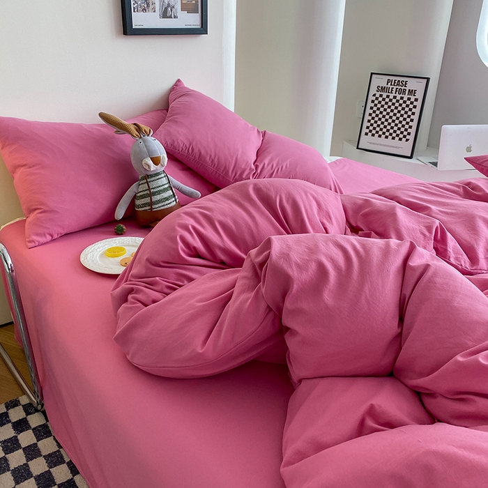 91家纺网 家纺一手货源 找家纺 南通菲度家纺 2025新款超柔皱皱水洗棉纯色四件套 玫红