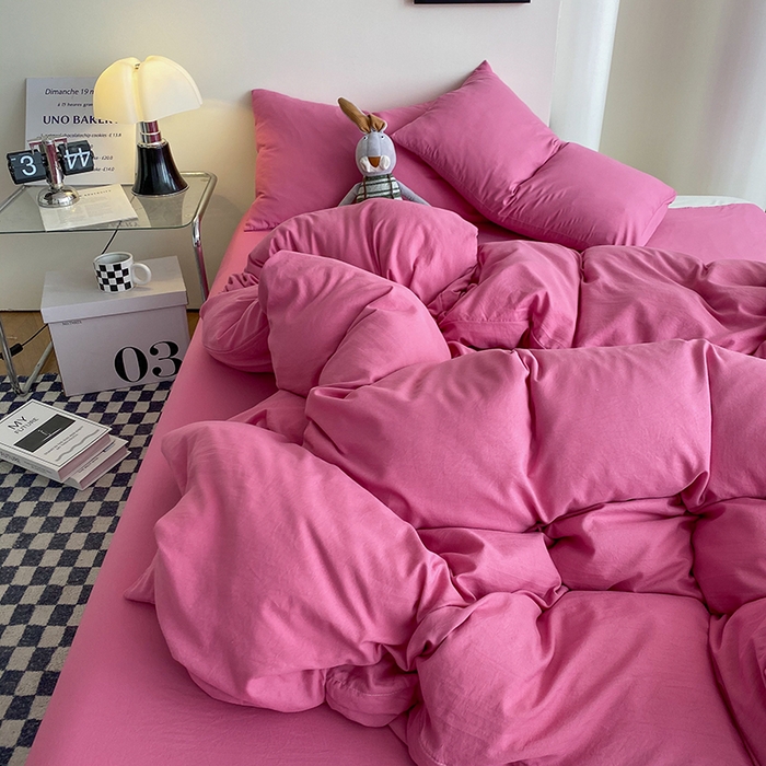 91家纺网 家纺一手货源 找家纺 南通菲度家纺 2025新款超柔皱皱水洗棉纯色四件套 玫红