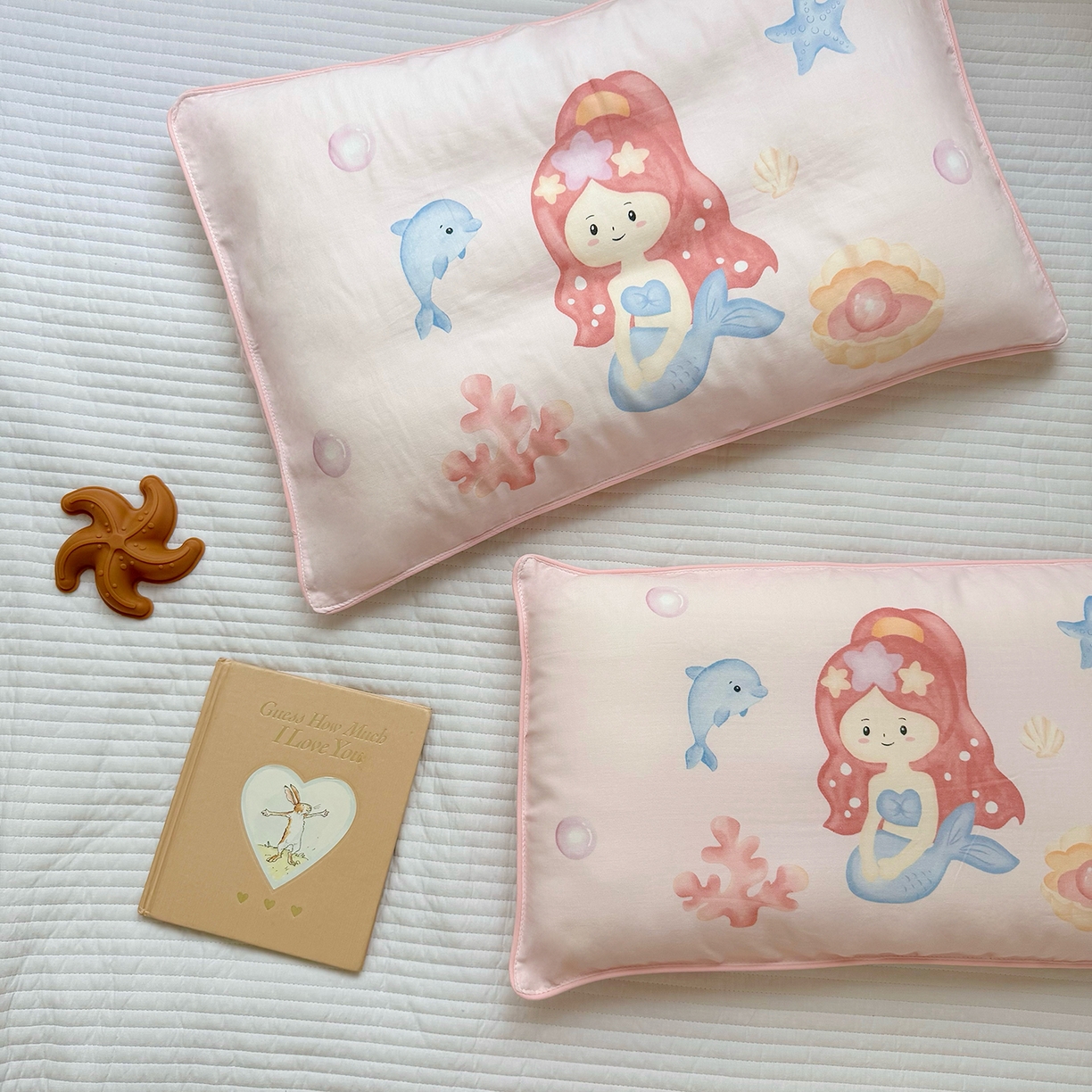 91家纺网 家纺一手货源 找家纺 萌宝家纺 2025新款A类大版全棉儿童双层纱枕套纯棉宝宝纱布枕头 美人鱼