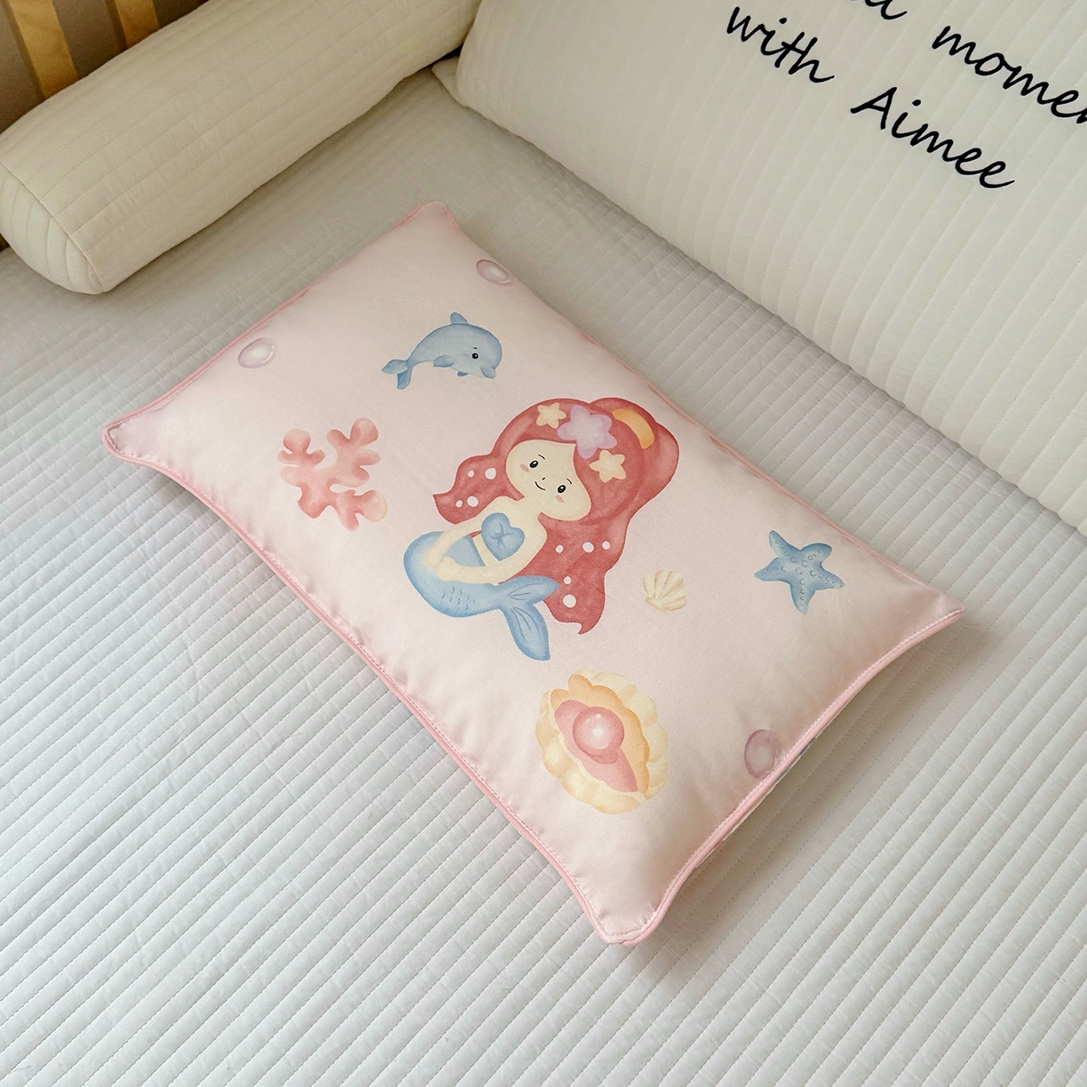 91家纺网 家纺一手货源 找家纺 萌宝家纺 2025新款A类大版全棉儿童双层纱枕套纯棉宝宝纱布枕头 美人鱼