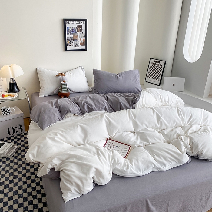 91家纺网 家纺一手货源 找家纺 南通菲度家纺 2025新款超柔皱皱水洗棉纯色四件套 奶白灰