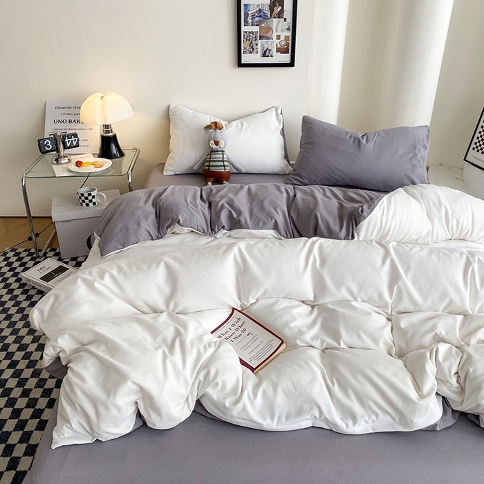 91家纺网 家纺一手货源 找家纺 南通菲度家纺 2025新款超柔皱皱水洗棉纯色四件套 奶白灰