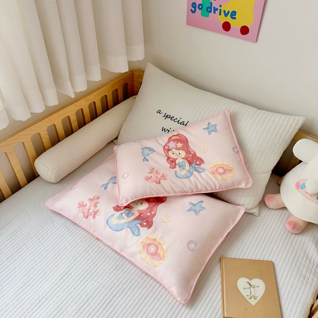 91家纺网 家纺一手货源 找家纺 萌宝家纺 2025新款A类大版全棉儿童双层纱枕套纯棉宝宝纱布枕头 美人鱼