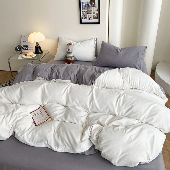 91家纺网 家纺一手货源 找家纺 南通菲度家纺 2025新款超柔皱皱水洗棉纯色四件套 奶白灰