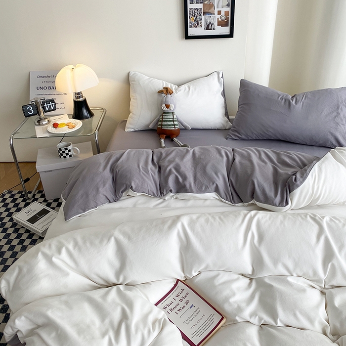 91家纺网 家纺一手货源 找家纺 南通菲度家纺 2025新款超柔皱皱水洗棉纯色四件套 奶白灰