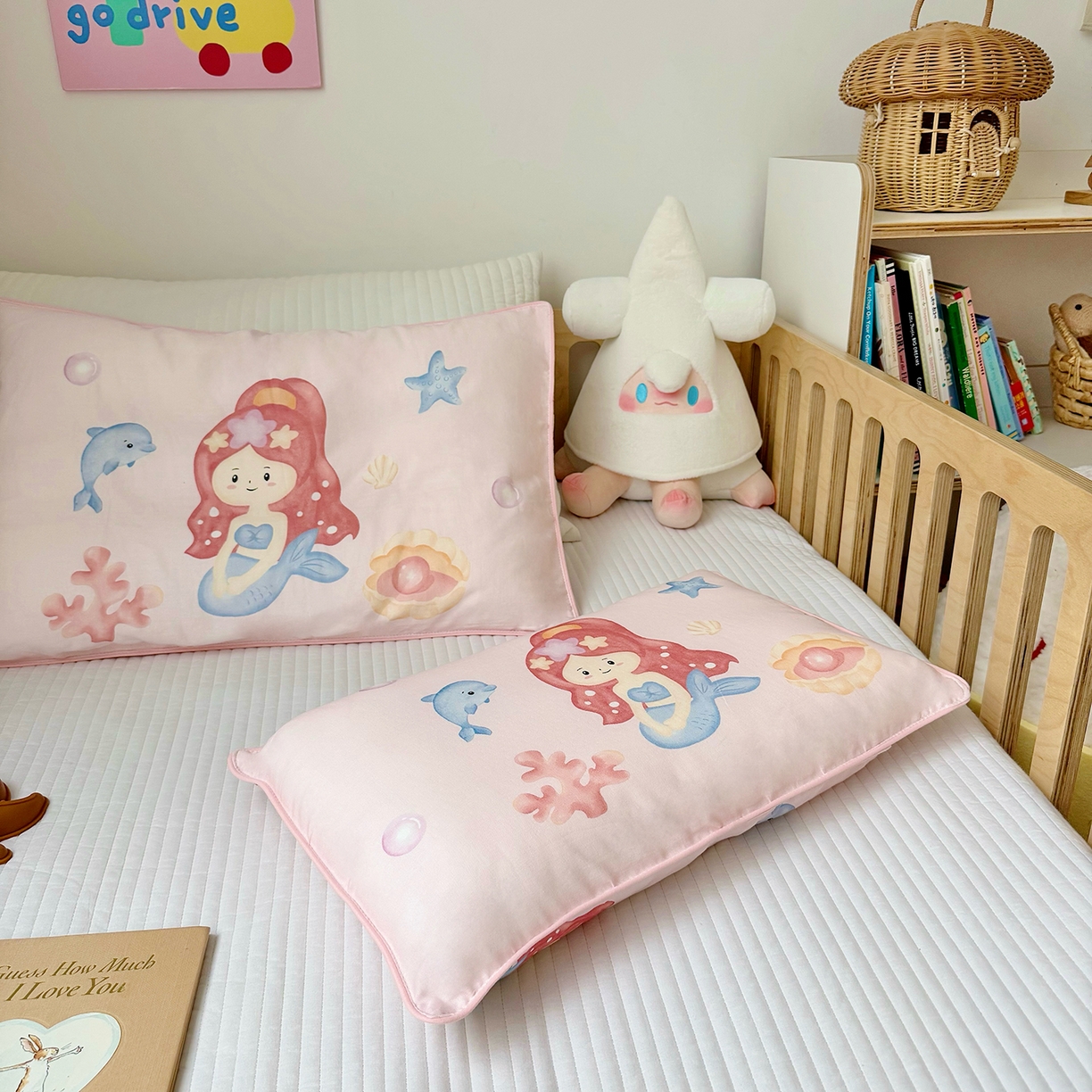 91家纺网 家纺一手货源 找家纺 萌宝家纺 2025新款A类大版全棉儿童双层纱枕套纯棉宝宝纱布枕头 美人鱼