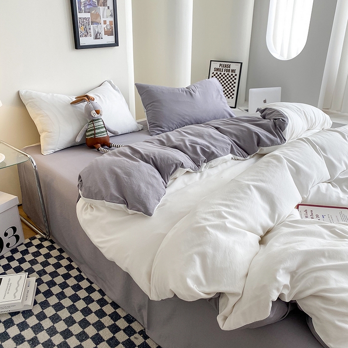 91家纺网 家纺一手货源 找家纺 南通菲度家纺 2025新款超柔皱皱水洗棉纯色四件套 奶白灰