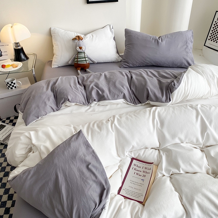 91家纺网 家纺一手货源 找家纺 南通菲度家纺 2025新款超柔皱皱水洗棉纯色四件套 奶白灰