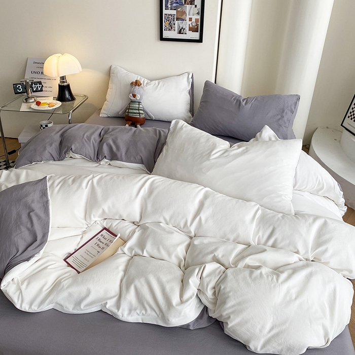 91家纺网 家纺一手货源 找家纺 南通菲度家纺 2025新款超柔皱皱水洗棉纯色四件套 奶白灰