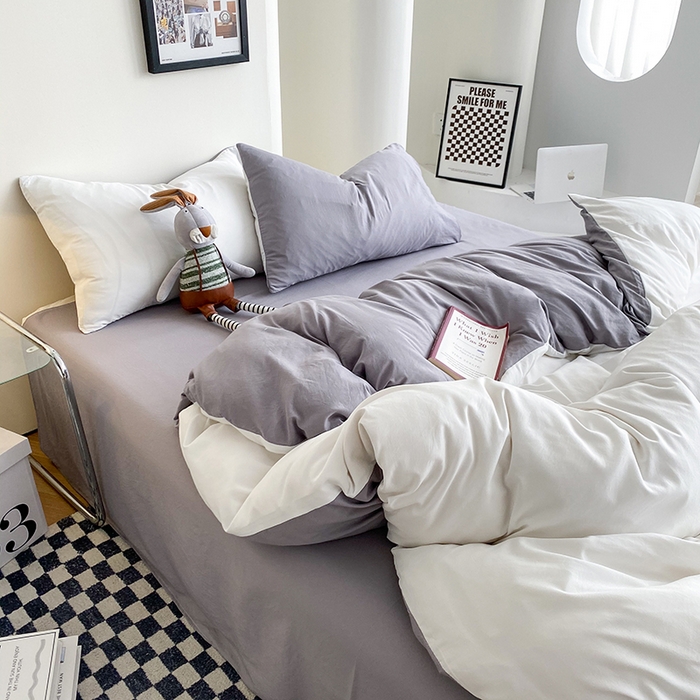 91家纺网 家纺一手货源 找家纺 南通菲度家纺 2025新款超柔皱皱水洗棉纯色四件套 奶白灰