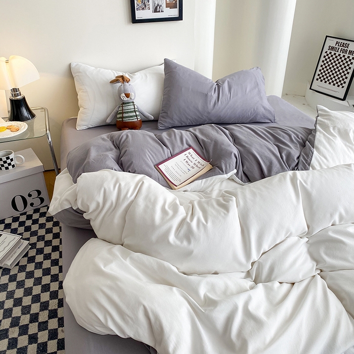 91家纺网 家纺一手货源 找家纺 南通菲度家纺 2025新款超柔皱皱水洗棉纯色四件套 奶白灰