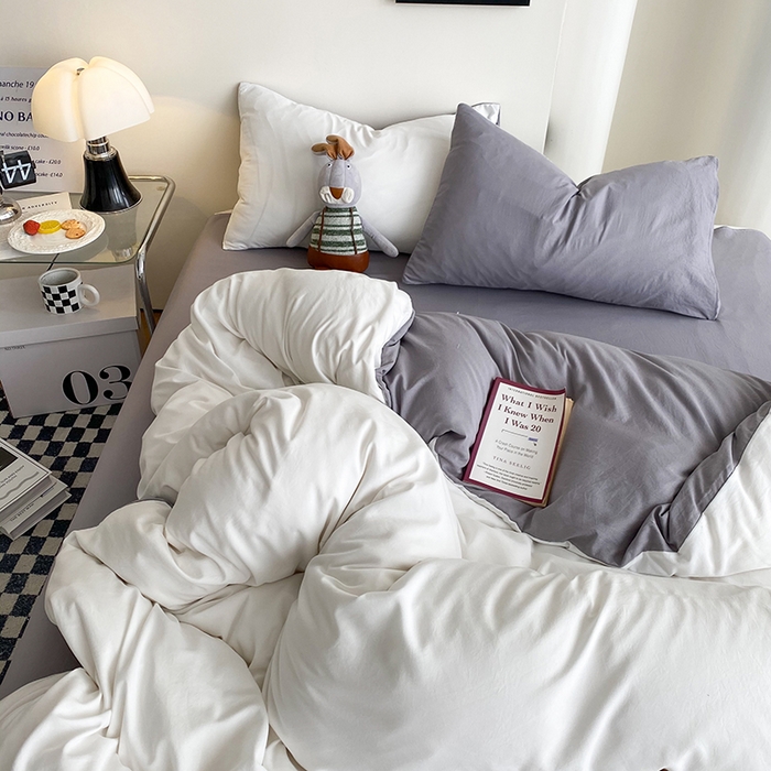 91家纺网 家纺一手货源 找家纺 南通菲度家纺 2025新款超柔皱皱水洗棉纯色四件套 奶白灰