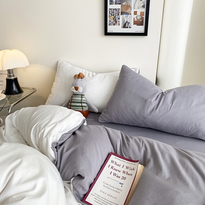 91家纺网 家纺一手货源 找家纺 南通菲度家纺 2025新款超柔皱皱水洗棉纯色四件套 奶白灰