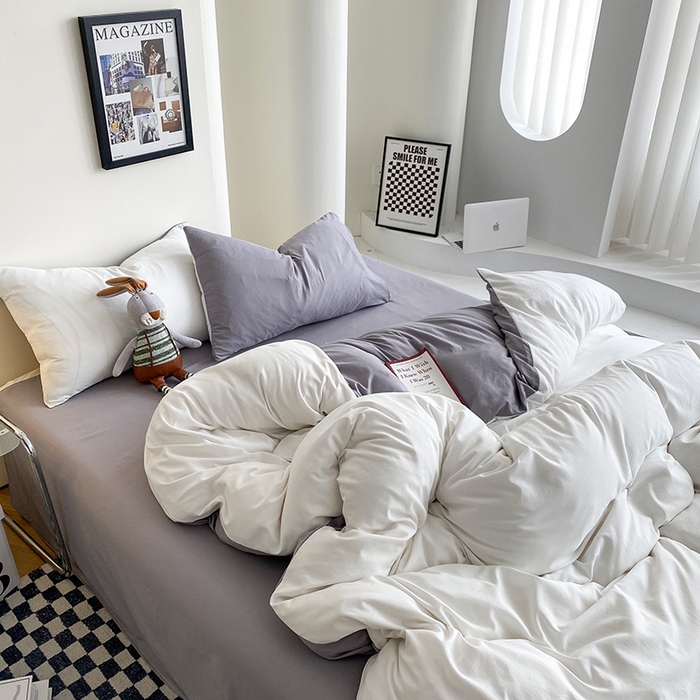 91家纺网 家纺一手货源 找家纺 南通菲度家纺 2025新款超柔皱皱水洗棉纯色四件套 奶白灰