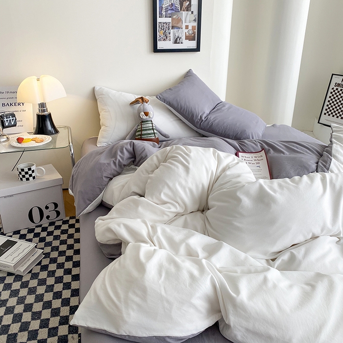 91家纺网 家纺一手货源 找家纺 南通菲度家纺 2025新款超柔皱皱水洗棉纯色四件套 奶白灰