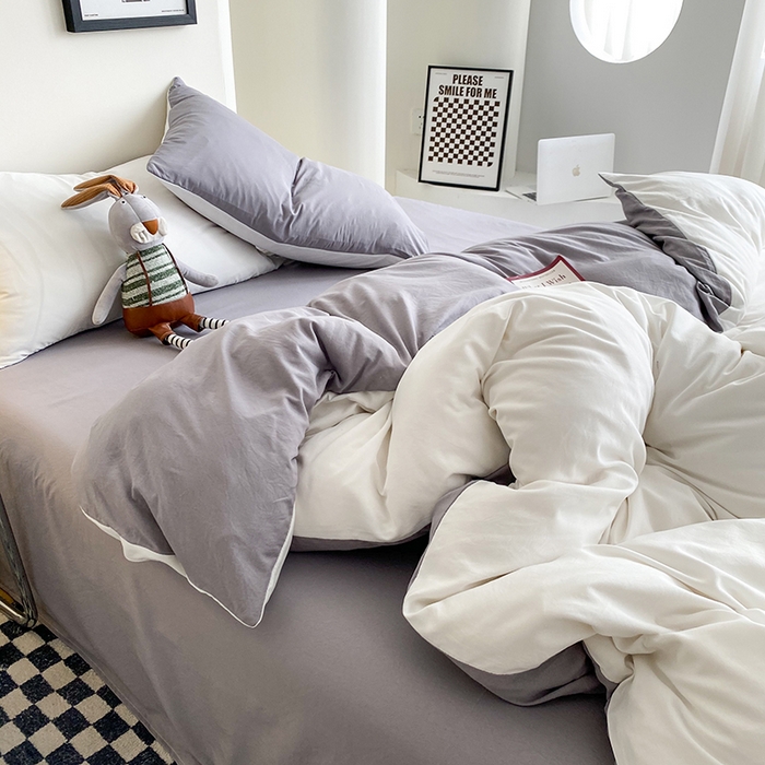 91家纺网 家纺一手货源 找家纺 南通菲度家纺 2025新款超柔皱皱水洗棉纯色四件套 奶白灰